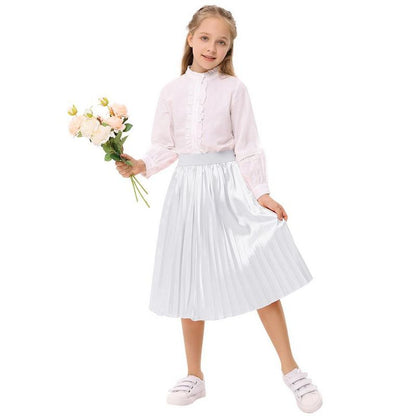 Kids Solid Pleated Skirt Below the Knee Girls Satin Skirts