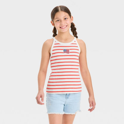 Girls' 4th of July American Flag Striped Graphic Tank Top - Red/Off-White