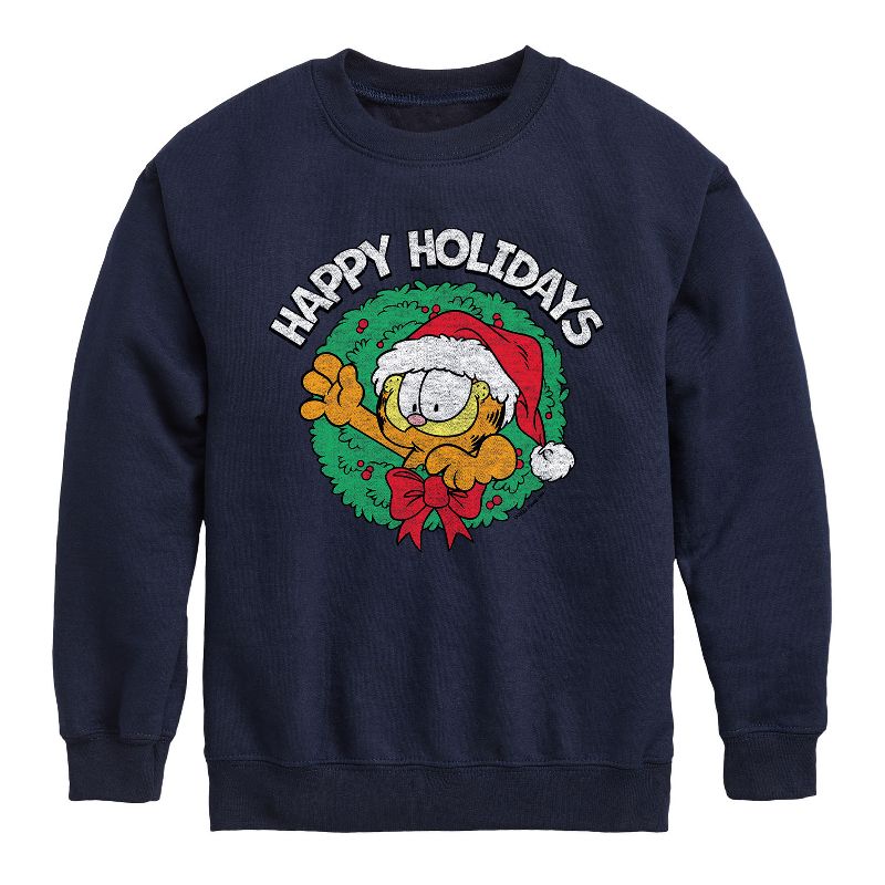 Boys' - Garfield - Happy Holidays Wreath Graphic Long Sleeve Fleece Sweatshirt