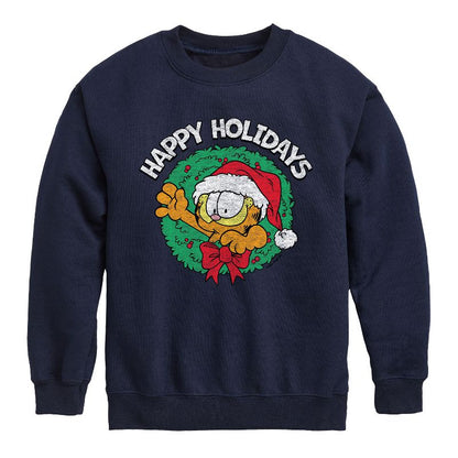Boys' - Garfield - Happy Holidays Wreath Graphic Long Sleeve Fleece Sweatshirt