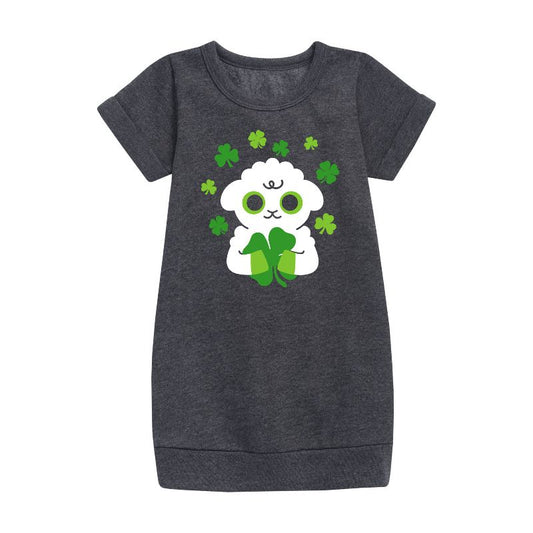 Girls' - Instant Message - St. Patrick's Day Sheep Holding a Shamrock Graphic Short Sleeve Fleece Dress
