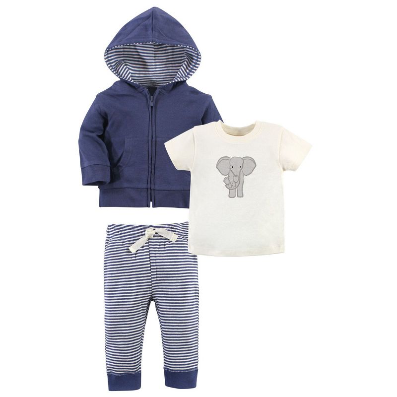 Touched by Nature Baby and Toddler Unisex Organic Cotton Hoodie, Bodysuit or Tee Top, and Pant, Stripe Elephant Toddler