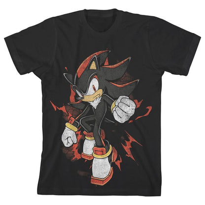 Sonic The Hedgehog Distressed Shadow Bursting Out Youth Black Crew Neck Short Sleeve T-shirt