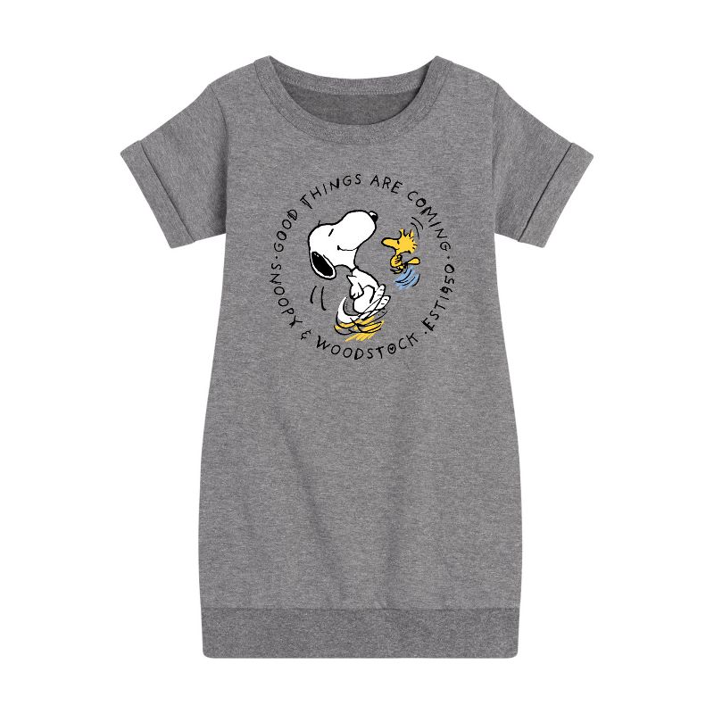Girls' - Peanuts - Good Things Are Coming Circle Graphic Short Sleeve Fleece Dress