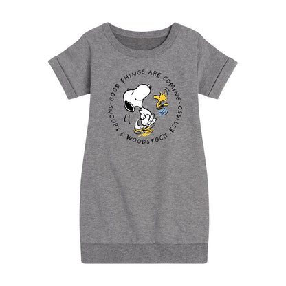 Girls' - Peanuts - Good Things Are Coming Circle Graphic Short Sleeve Fleece Dress