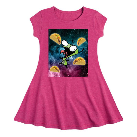 Girls' - Invader ZIM - GIR Loves Tacos in Space Fit & Flair Cap Sleeve Dress