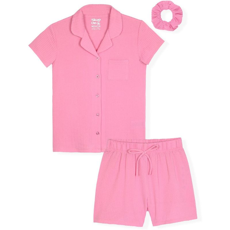 Sleep On It Girls 2-Piece Short-Sleeve Button Down Collared Coat Pajama Set with Matching Scrunchie - Toddler Pajamas to Girls Pajama Sets