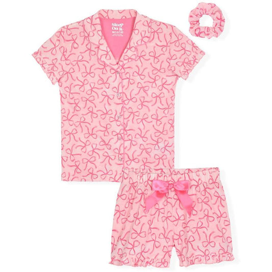 Sleep On It Girls 2-Piece Short-Sleeve Button Down Collared Coat Pajama Set with Matching Scrunchie - Toddler Pajamas to Girls Pajama Sets