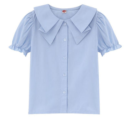 Girls Short Sleeve Peter Pan Blouse Puff Sleeve Button Down Shirt School Uniform Blouse 3-12 Years