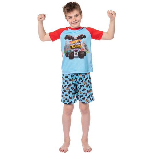 Hot Wheels Boys' Monster Trucks Toys Tossed Print Sleep Pajama Set Shorts Multicolored