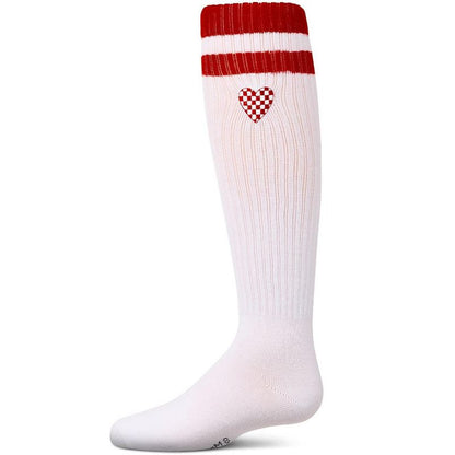 Memoi Girls Ribbed Varsity Stripe "Checkered Heart" Cotton Rich Knee Sock