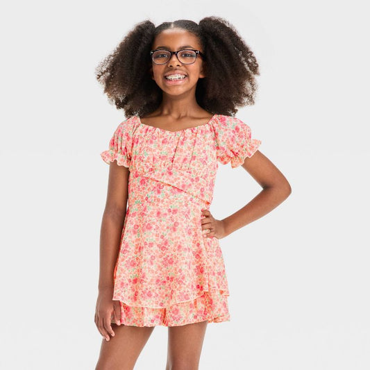 Zenzi Girls' Short Sleeve Floral Chiffon Jumper Dress - Ivory