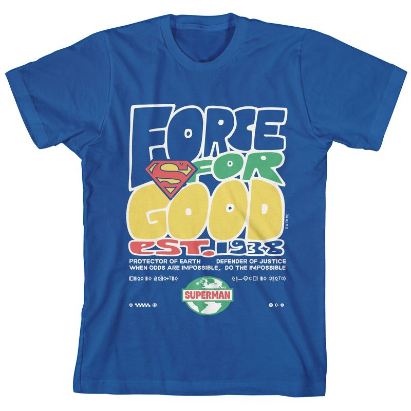 Superman Core Bubble Text with Superhero Shield on Royal Blue Short Sleeve Youth T-Shirt