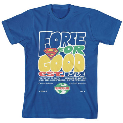 Superman Core Bubble Text with Superhero Shield on Royal Blue Short Sleeve Youth T-Shirt