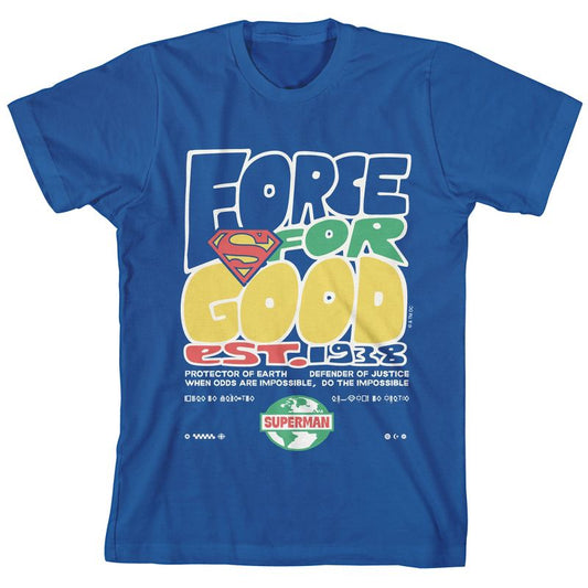 Superman Core Bubble Text with Superhero Shield on Royal Blue Short Sleeve Youth T-Shirt