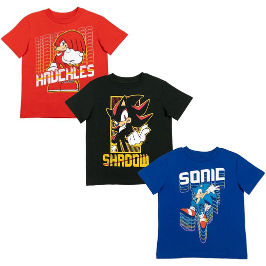 مجموعة SEGA Sonic The Hedgehog Knuckles Tails من 3 قمصان جرافيكية باللون الأحمر/الأزرق/الأصفر للأطفال الصغار والكبار