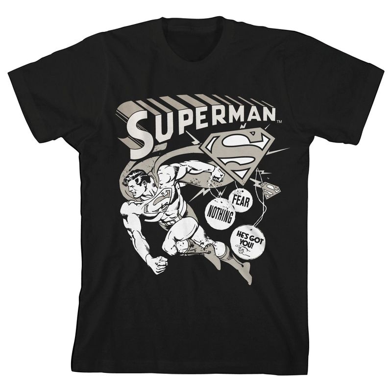 Superman Core White Monochrome Character Art Boy's Black T-Shirt