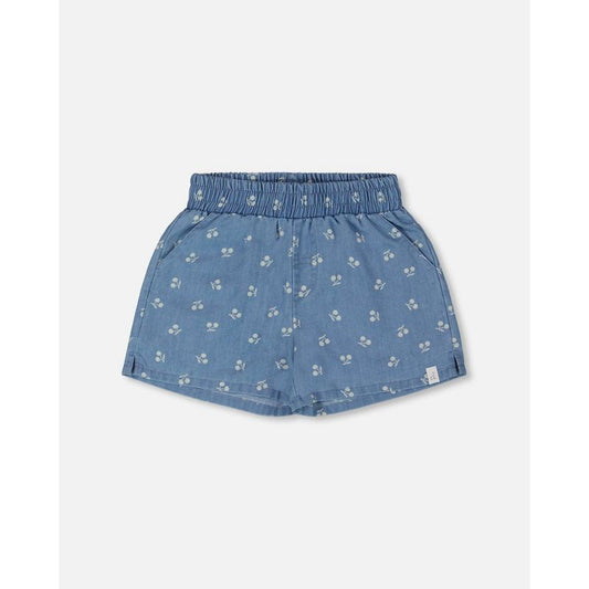 Deux par Deux Girl Printed Chambray Short Blue and White Cherries