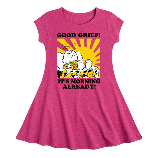 Girls' - Peanuts - Its Morning Already Fit & Flair Cap Sleeve Dress