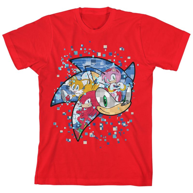 تي شيرت شبابي أحمر بأكمام قصيرة من Bioworld Sonic the Hedgehog Mosaic Modern Character Art