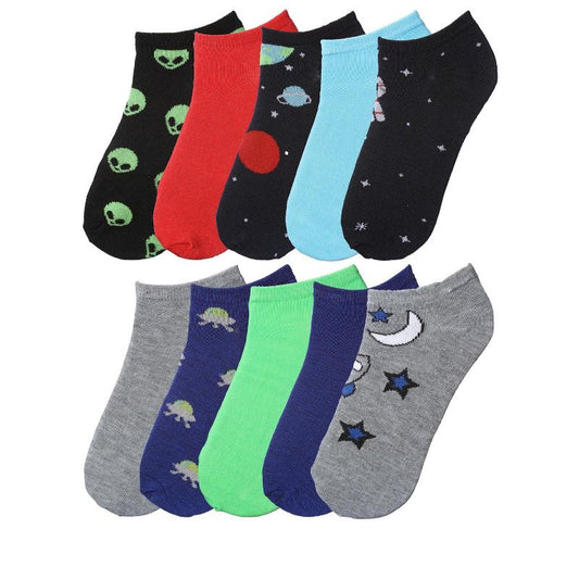 Big Kids Boys 10 Pairs Classy Lightweight Novelty Alien & Space Pattern Ankle/Low Cut Socks
