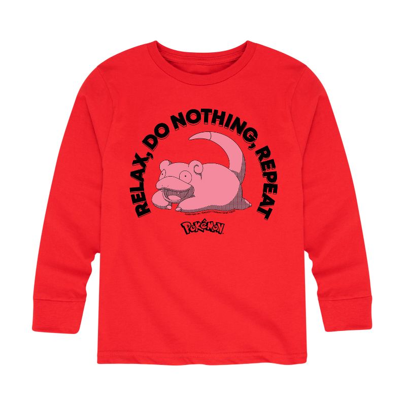 تي شيرت جرافيكي بأكمام طويلة مطبوع عليه عبارة "بوكيمون" للأولاد - Slowpoke Relax Do Nothing Repeat
