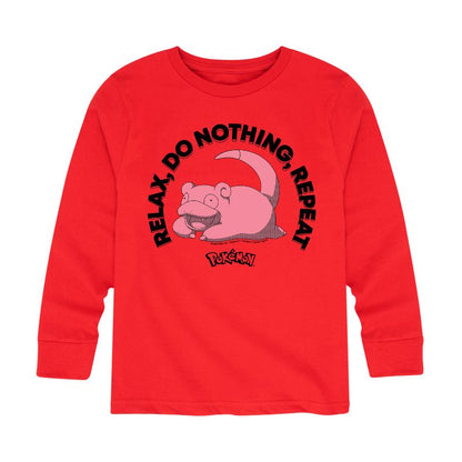 تي شيرت جرافيكي بأكمام طويلة مطبوع عليه عبارة "بوكيمون" للأولاد - Slowpoke Relax Do Nothing Repeat