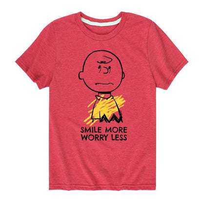 تي شيرت جرافيكي بأكمام قصيرة مطبوع عليه عبارة "ابتسم أكثر، قلق أقل" للأولاد - بينتس