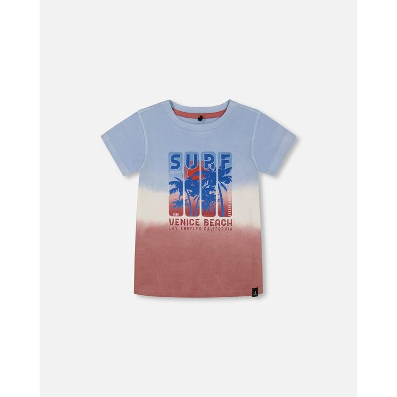 Deux par Deux Boy Short Sleeve Organic Cotton Graphic Tee Gradient Pale Blue and Dark Old Rose