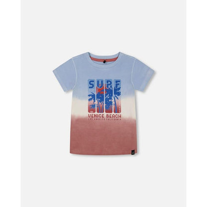 Deux par Deux Boy Short Sleeve Organic Cotton Graphic Tee Gradient Pale Blue and Dark Old Rose