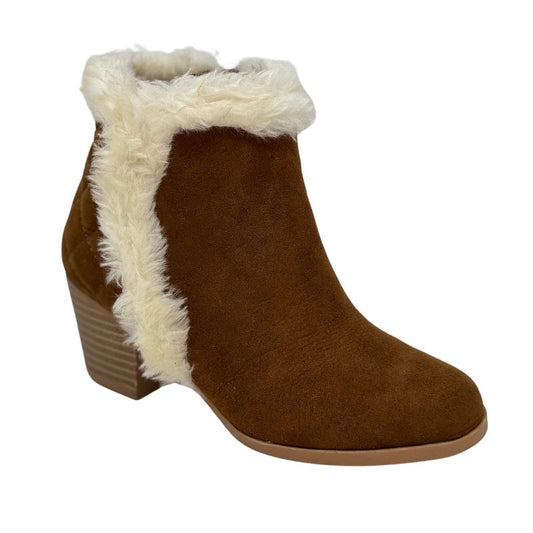 Lucinda - Girls Tan Bootie w/Cream Faux Fur Trim