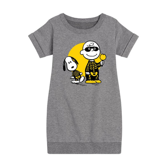 Girls' - Peanuts - Charlie And Snoopy Skeleton Graphic Short Sleeve Fleece Dress