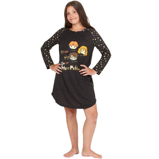Harry Potter Hermione Chibi Charms Hogwarts Girls Raglan Pajama Gown Black