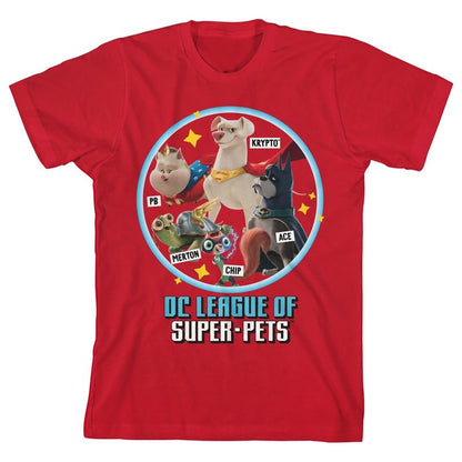 DC League of Super Pets Characters in Circle Youth Red Graphic Tee