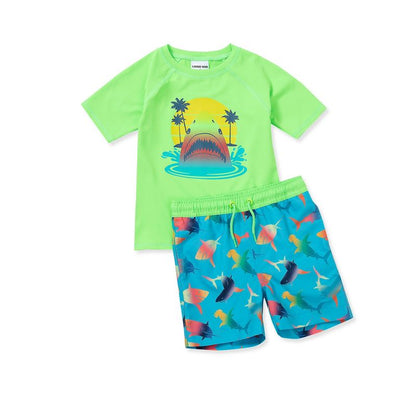 Lands' End Kids Chlorine Resistant Short Sleeve UPF 50 Rash Guard Swim Trunk Set