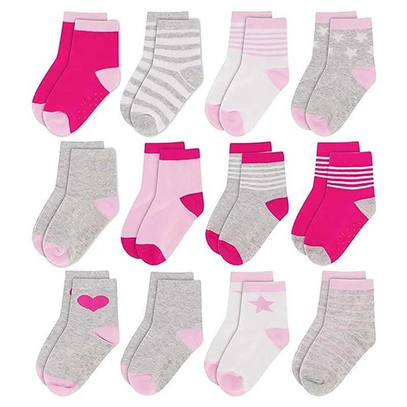 Pink & Gray Kid's 12 pack socks for Girls, Toddlers Ages 2-5