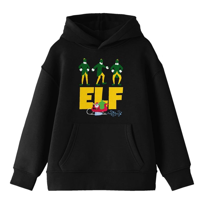 Elf Movie Big Title Logo and Characters Youth Black Graphic Hoodie