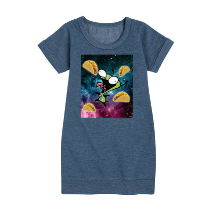 فستان بناتي من Invader ZIM - GIR Loves Tacos in Space Graphic بأكمام قصيرة من الصوف