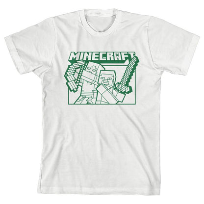 تي شيرت أبيض للشباب من ماين كرافت ستيف وأليكس مع السيف والقوس