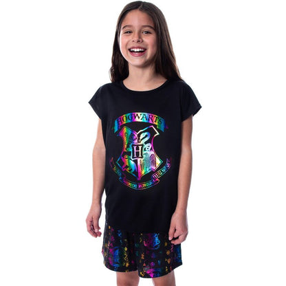 Harry Potter Girls' Hogwarts Rainbow Hologram Shirt and Shorts Pajama Set Black