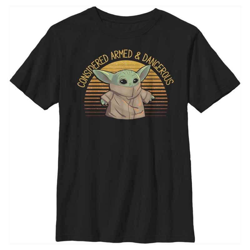 Boy's Star Wars The Mandalorian The Child Considered Armed and Dangerous T-Shirt