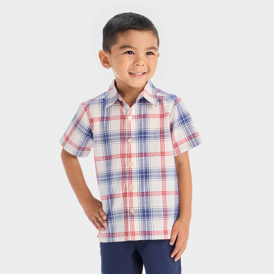 قميص منقوش بأكمام قصيرة للأولاد الصغار من OshKosh B'gosh - أحمر/أزرق/أبيض