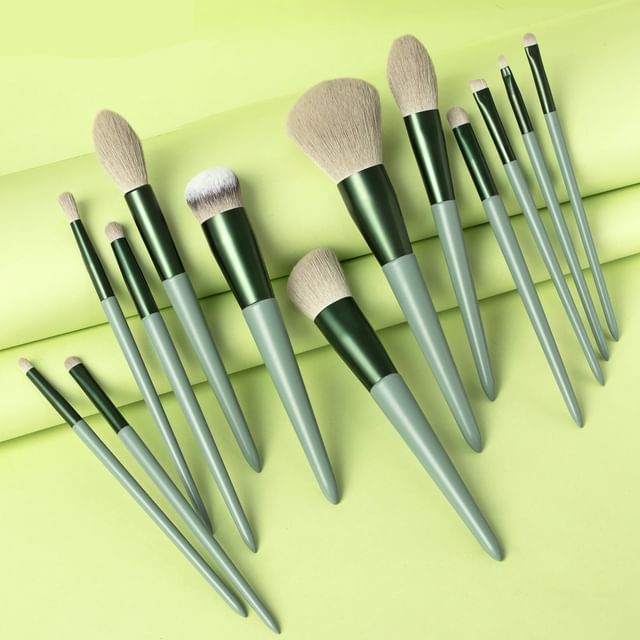 Set of 13 - Makeup Brush & Makeup Brush Organizer Bag - Green Handle - One Size