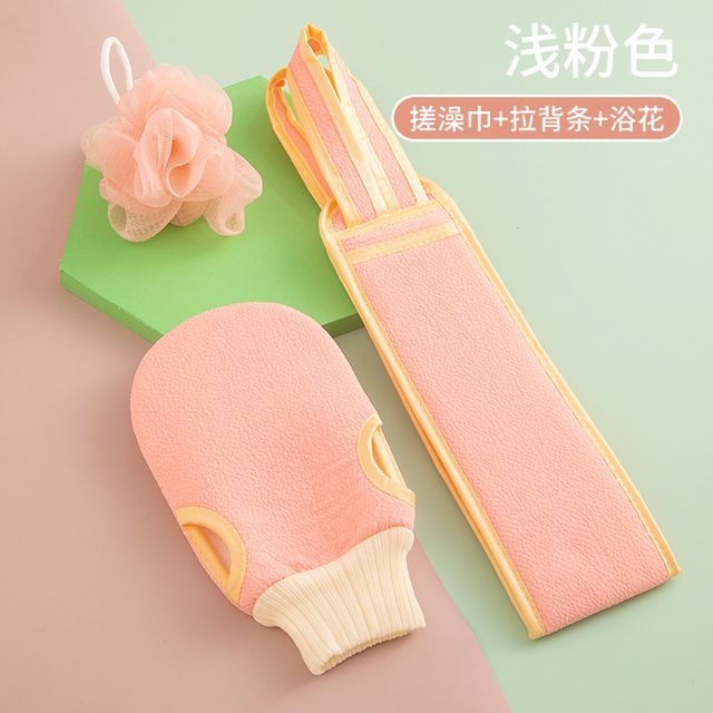 Set of 3 - Body Scrub Mitt & Body Scrubber & Shower Ball - Pink - One Size