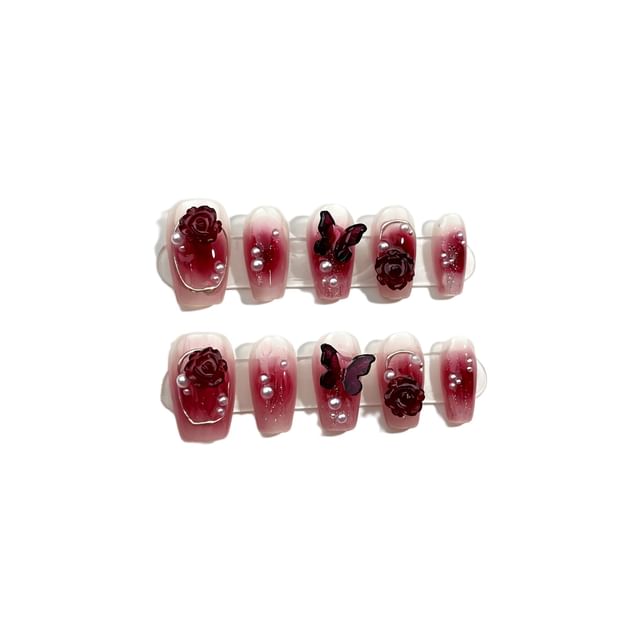 eovda, Butterfly Rose Faux Pearl Press On Nail