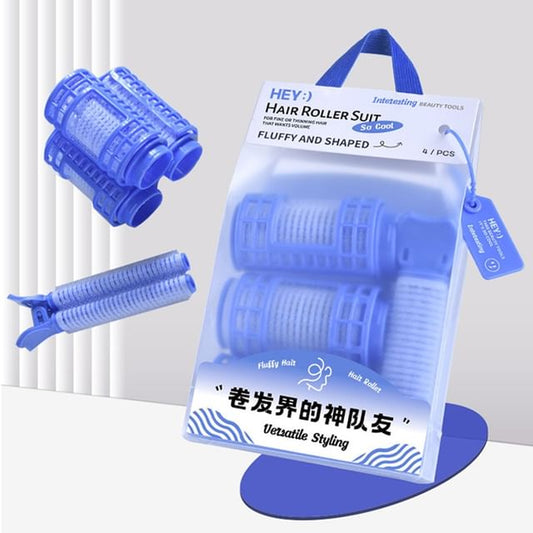 Set Of 4 - 3 Pcs Plastic Hair Roller & 1 Pc Styling Hair Clip - Purplish Blue - One Size
