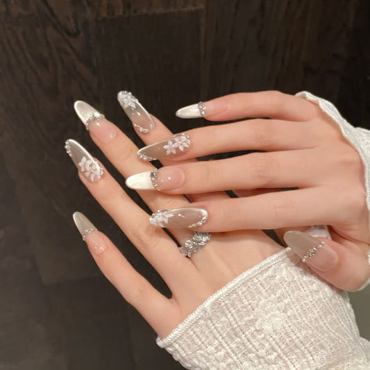 eovda, Rhinestone Cat Eye Square Press On Nail / Almond Press On Nail / Ballerina Press On Nail (Various Designs)