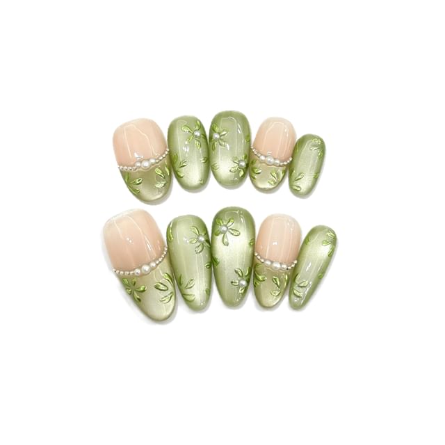 eovda, Floral Faux Pearl Cat Eye Almond Press On Nail (Various Designs)