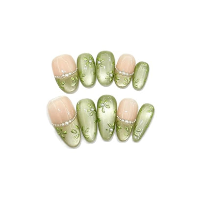eovda, Floral Faux Pearl Cat Eye Almond Press On Nail (Various Designs)