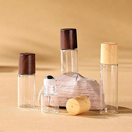 Miumi, Set of 3: Wooden Lid Travel Glass Roller Bottle with Dispensing Tools (Various Designs)